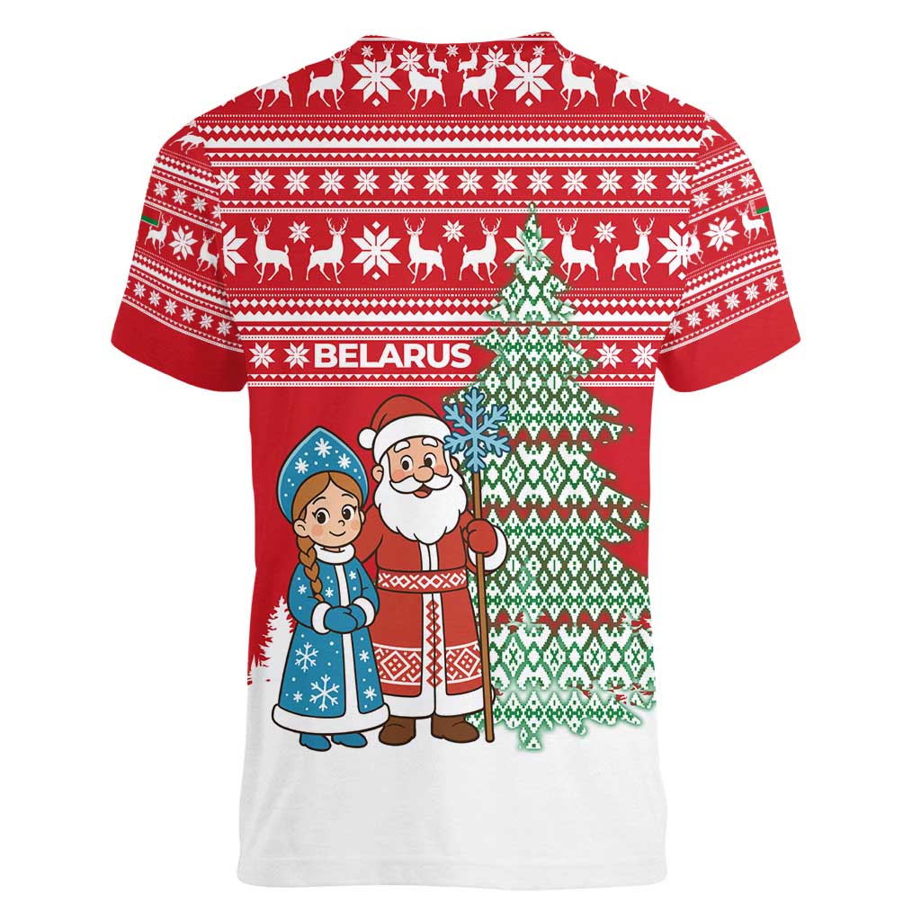 Belarus Christmas Women V-Neck T-Shirt with Ded Moroz Snow Maiden Christmas Tree and Nordic Pattern Design - Wonder Print Shop