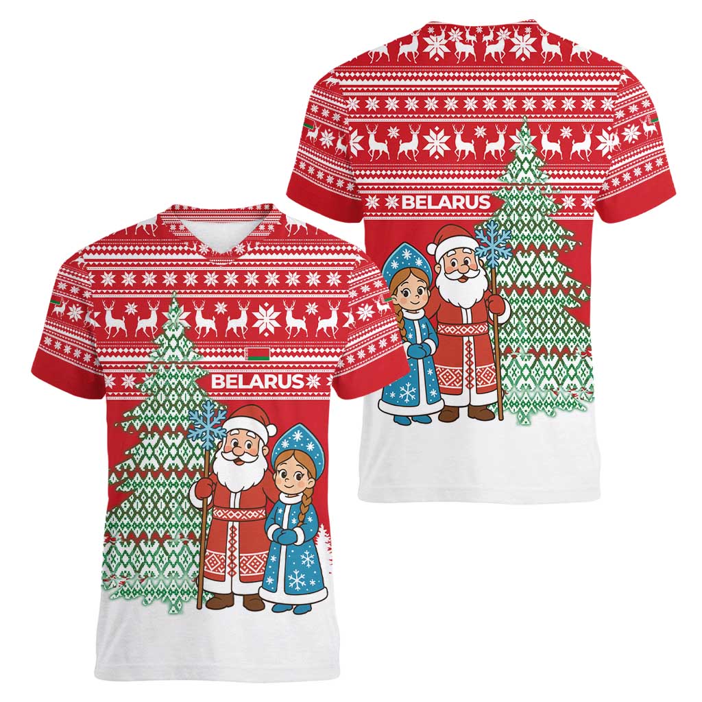 Belarus Christmas Women V-Neck T-Shirt with Ded Moroz Snow Maiden Christmas Tree and Nordic Pattern Design - Wonder Print Shop