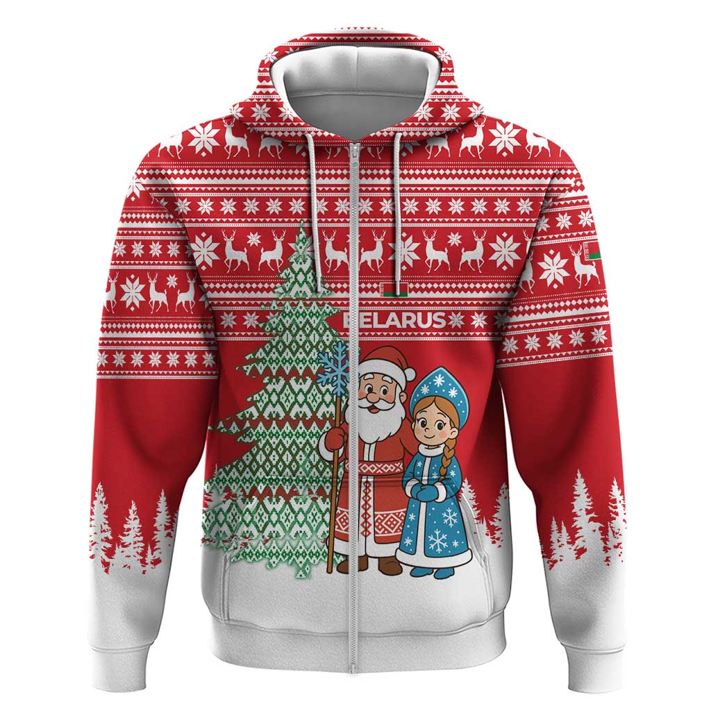 Belarus Christmas Zip Hoodie with Ded Moroz Snow Maiden Christmas Tree and Nordic Pattern Design - Wonder Print Shop