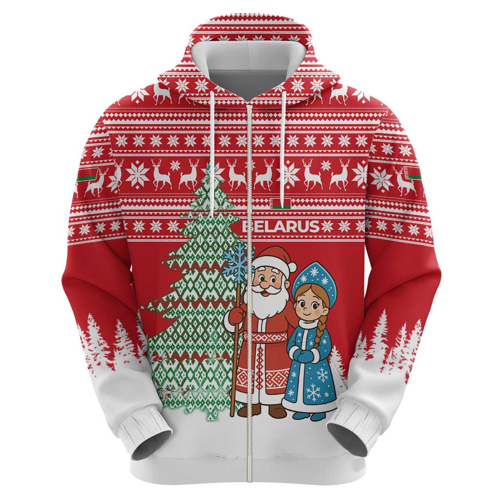 Belarus Christmas Zip Hoodie with Ded Moroz Snow Maiden Christmas Tree and Nordic Pattern Design - Wonder Print Shop