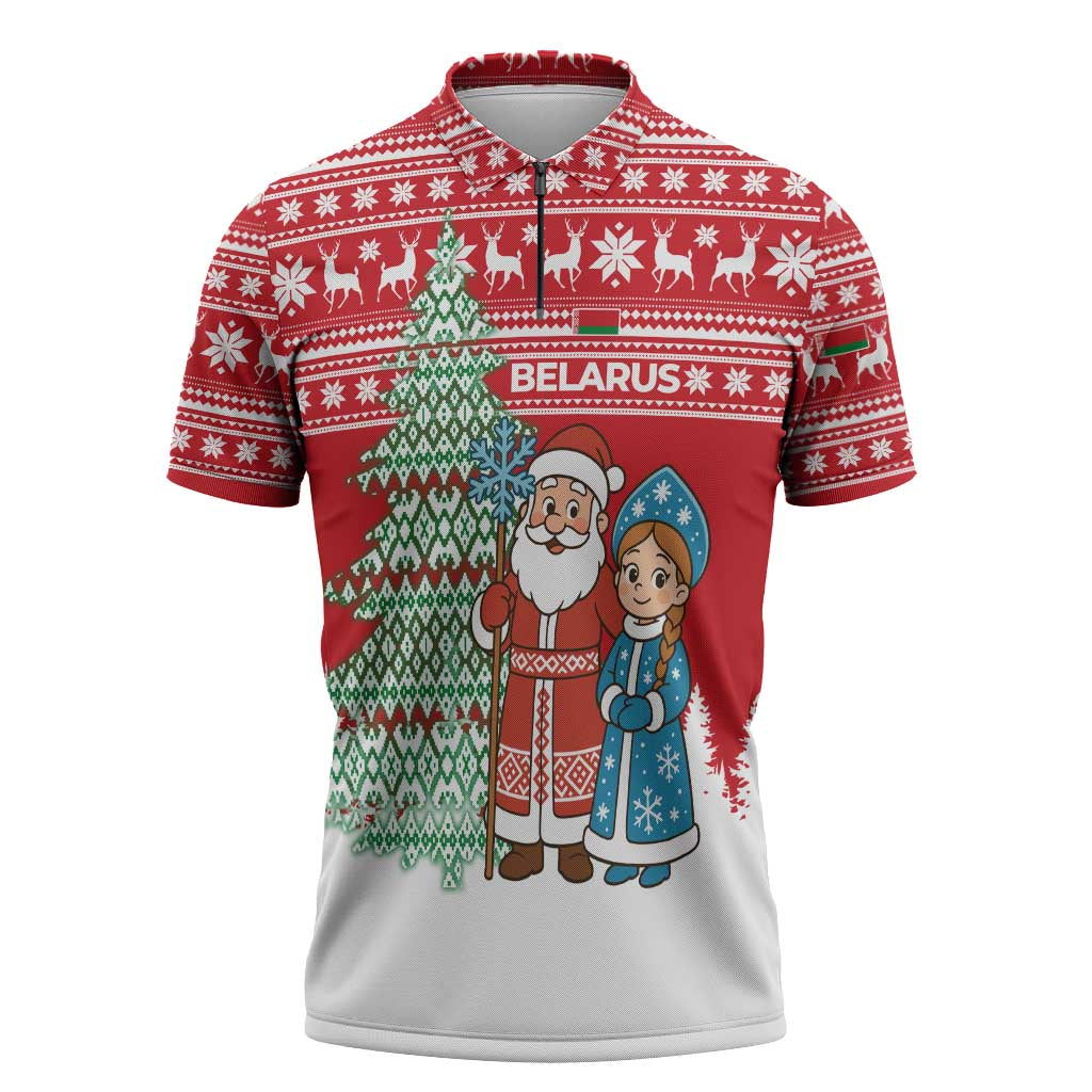 Belarus Christmas Zipper Polo Shirt with Ded Moroz Snow Maiden Christmas Tree and Nordic Pattern Design - Wonder Print Shop