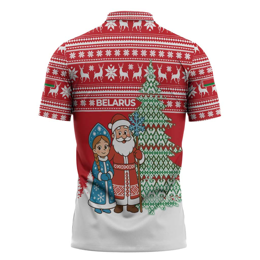 Belarus Christmas Zipper Polo Shirt with Ded Moroz Snow Maiden Christmas Tree and Nordic Pattern Design - Wonder Print Shop
