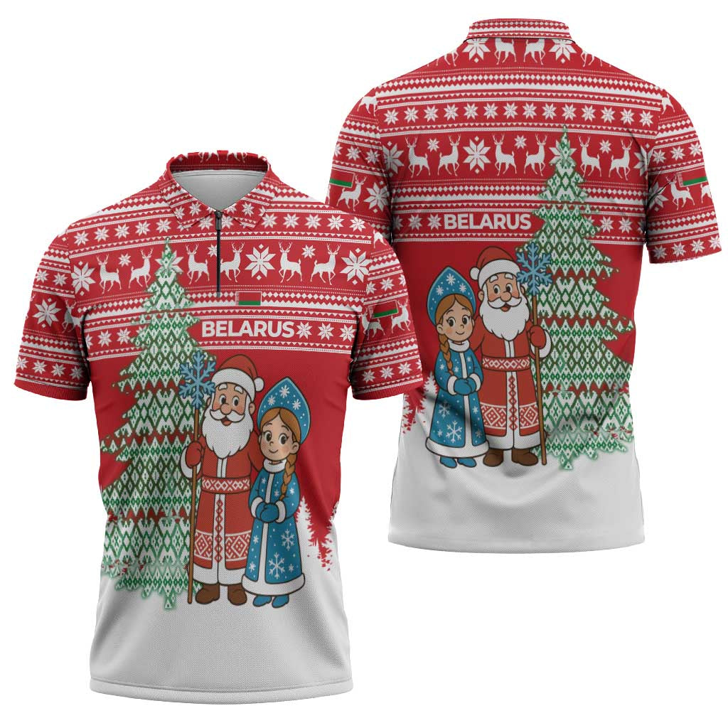 Belarus Christmas Zipper Polo Shirt with Ded Moroz Snow Maiden Christmas Tree and Nordic Pattern Design - Wonder Print Shop