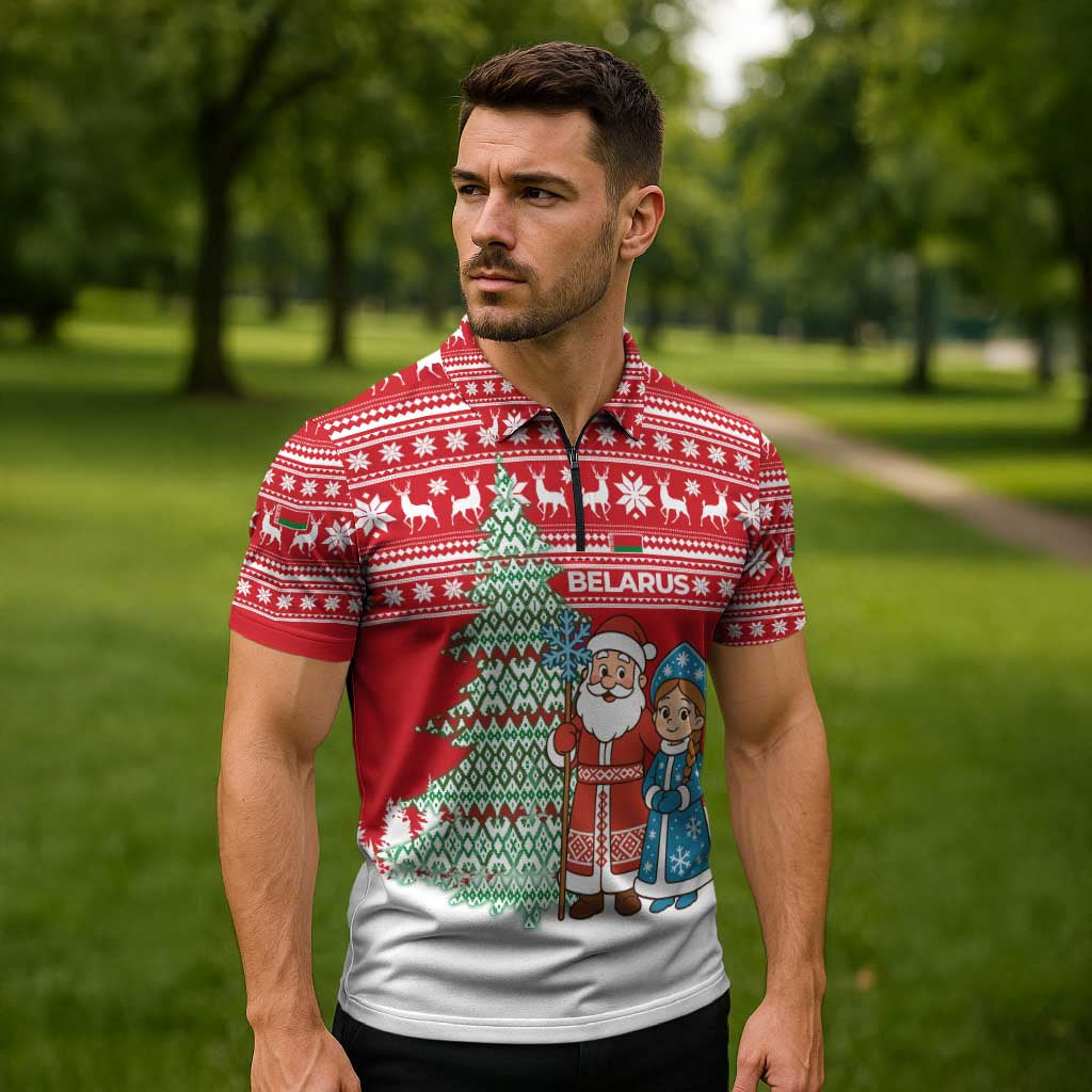 Belarus Christmas Zipper Polo Shirt with Ded Moroz Snow Maiden Christmas Tree and Nordic Pattern Design - Wonder Print Shop