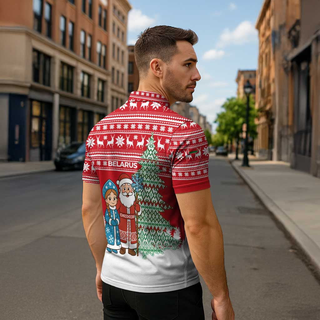 Belarus Christmas Zipper Polo Shirt with Ded Moroz Snow Maiden Christmas Tree and Nordic Pattern Design - Wonder Print Shop