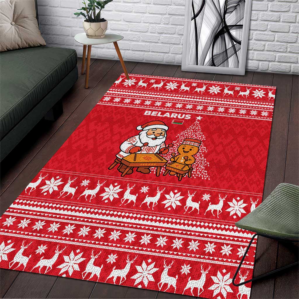 Belarus Christmas Area Rug with Santa Gingerbread Playing Chess National Emblem and Nordic Pattern Design - Wonder Print Shop