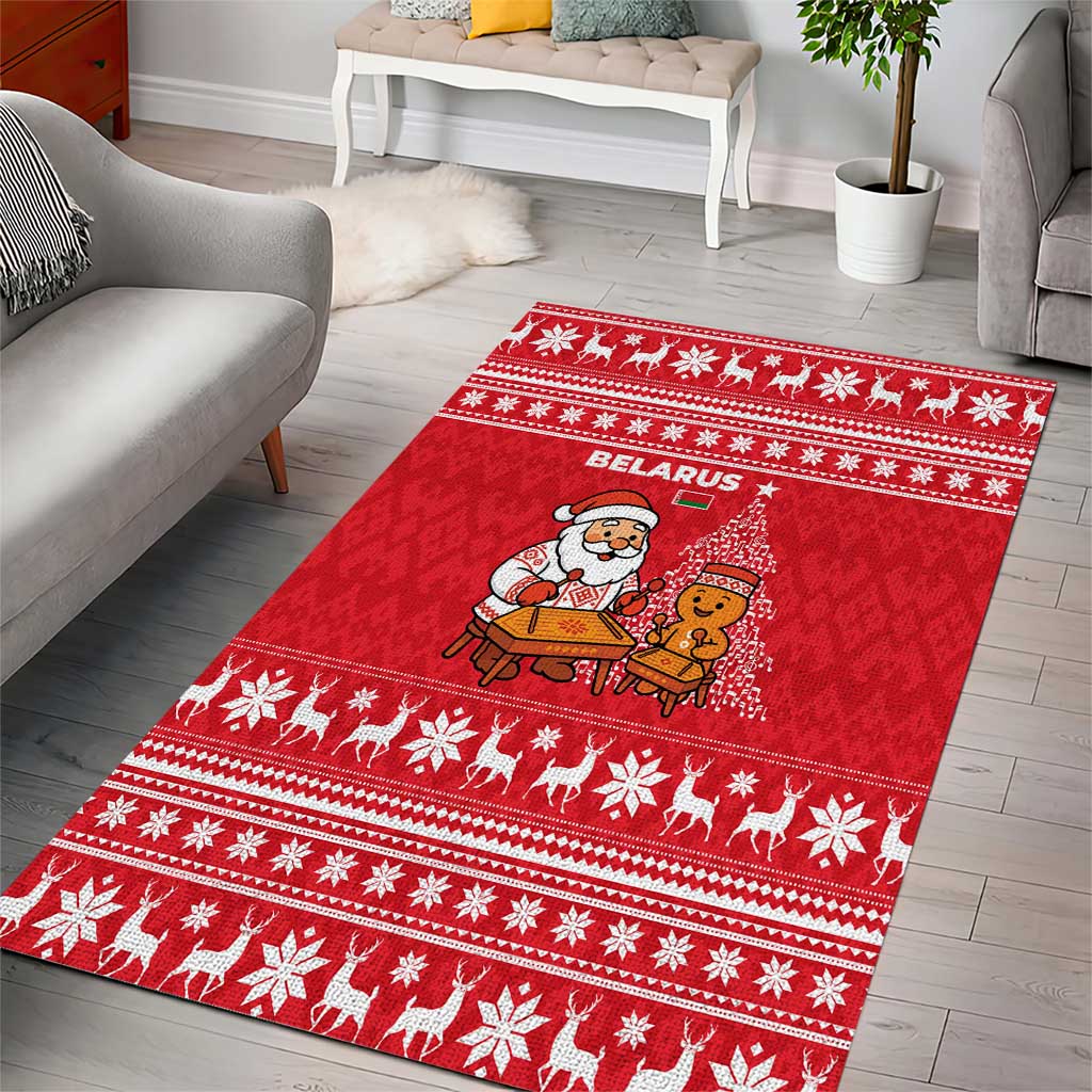 Belarus Christmas Area Rug with Santa Gingerbread Playing Chess National Emblem and Nordic Pattern Design - Wonder Print Shop