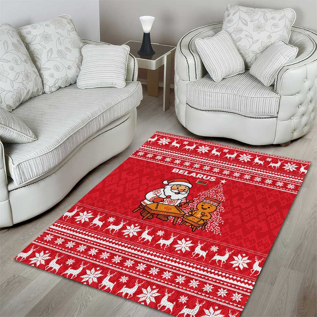 Belarus Christmas Area Rug with Santa Gingerbread Playing Chess National Emblem and Nordic Pattern Design - Wonder Print Shop