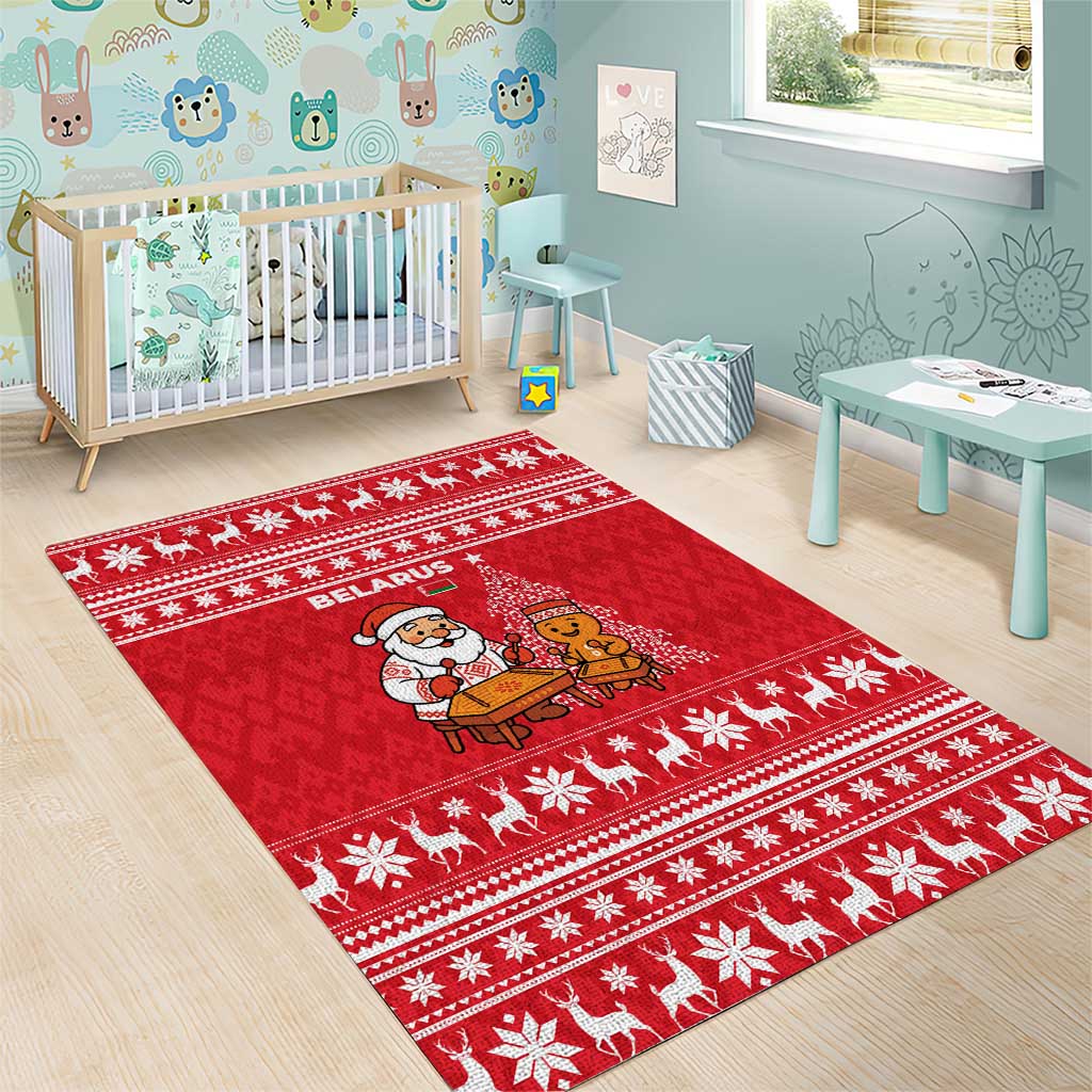 Belarus Christmas Area Rug with Santa Gingerbread Playing Chess National Emblem and Nordic Pattern Design - Wonder Print Shop