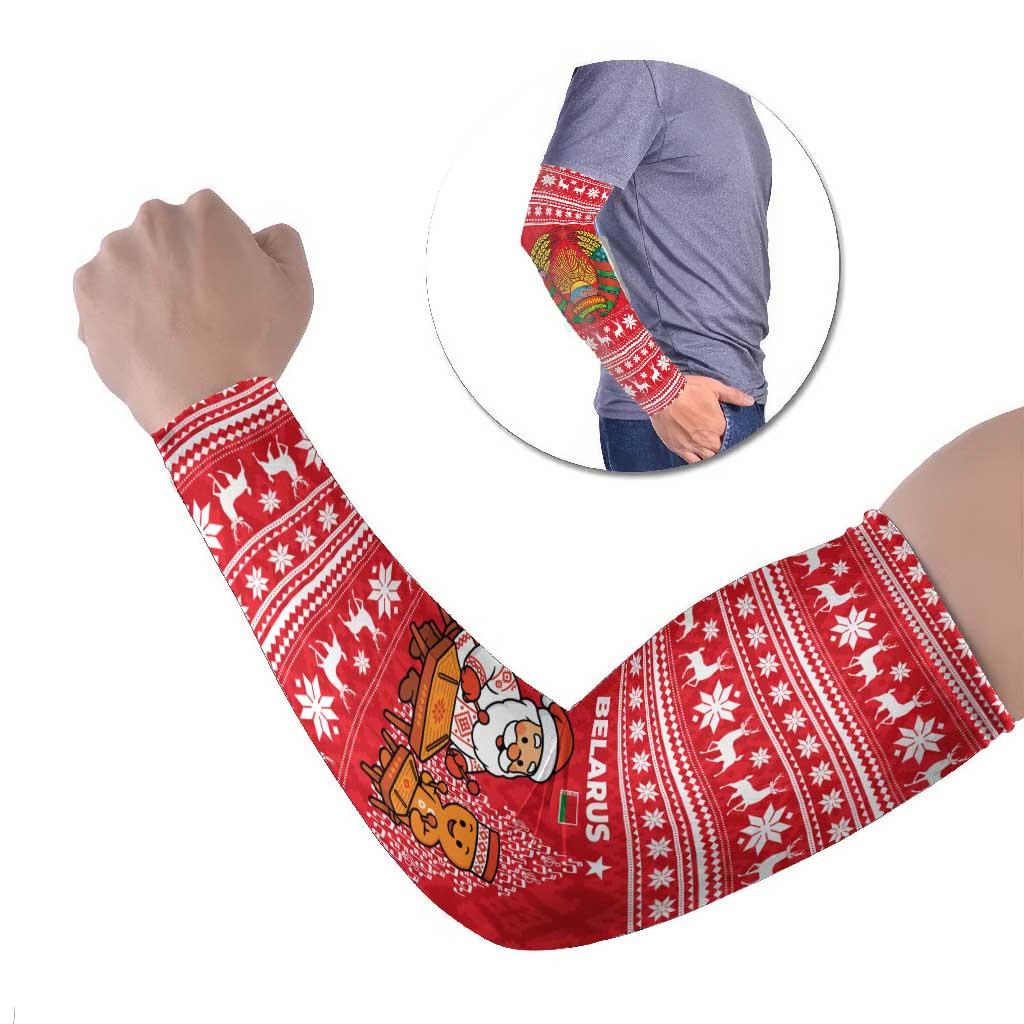 Belarus Christmas Arm Sleeves with Santa Gingerbread Playing Chess National Emblem and Nordic Pattern Design - Wonder Print Shop