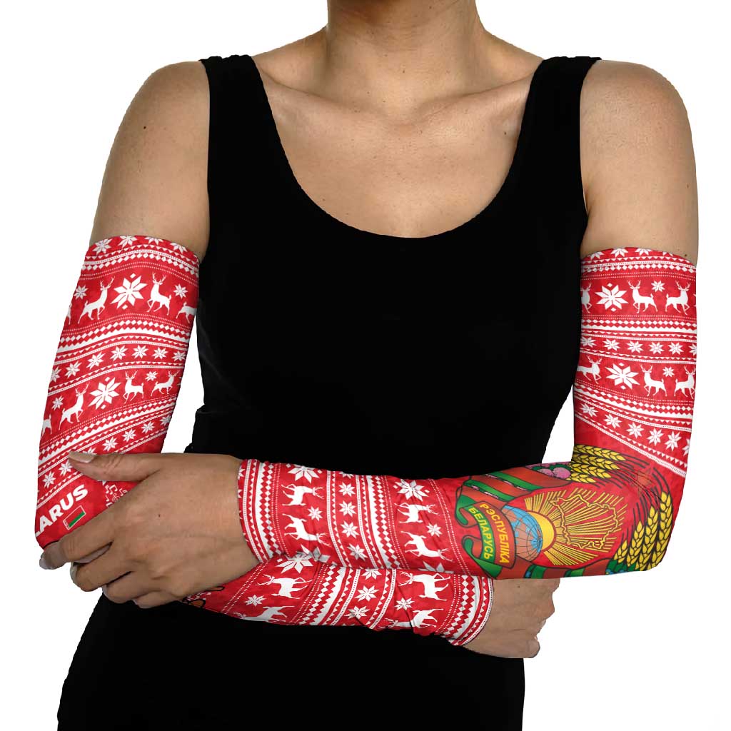 Belarus Christmas Arm Sleeves with Santa Gingerbread Playing Chess National Emblem and Nordic Pattern Design - Wonder Print Shop