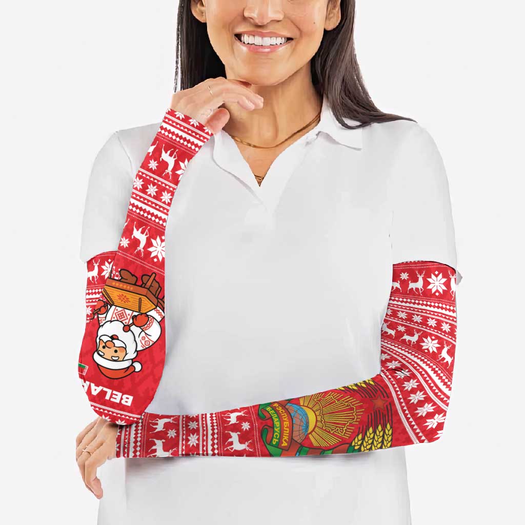 Belarus Christmas Arm Sleeves with Santa Gingerbread Playing Chess National Emblem and Nordic Pattern Design - Wonder Print Shop