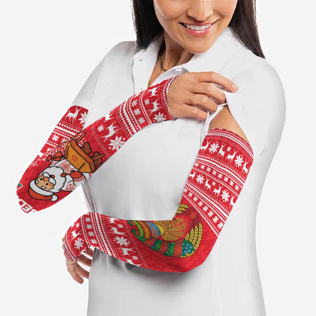 Belarus Christmas Arm Sleeves with Santa Gingerbread Playing Chess National Emblem and Nordic Pattern Design - Wonder Print Shop