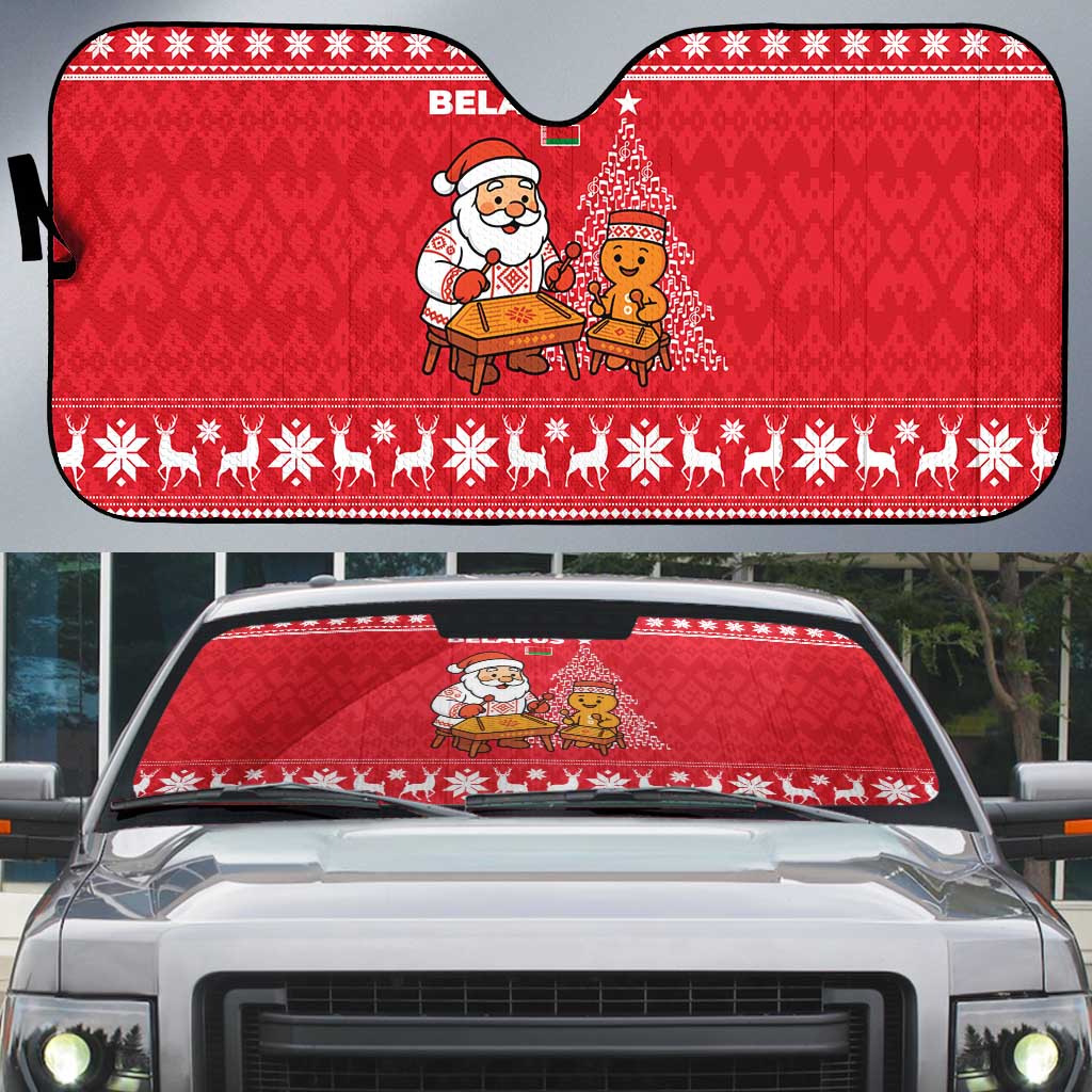 Belarus Christmas Auto Sun Shade with Santa Gingerbread Playing Chess National Emblem and Nordic Pattern Design - Wonder Print Shop