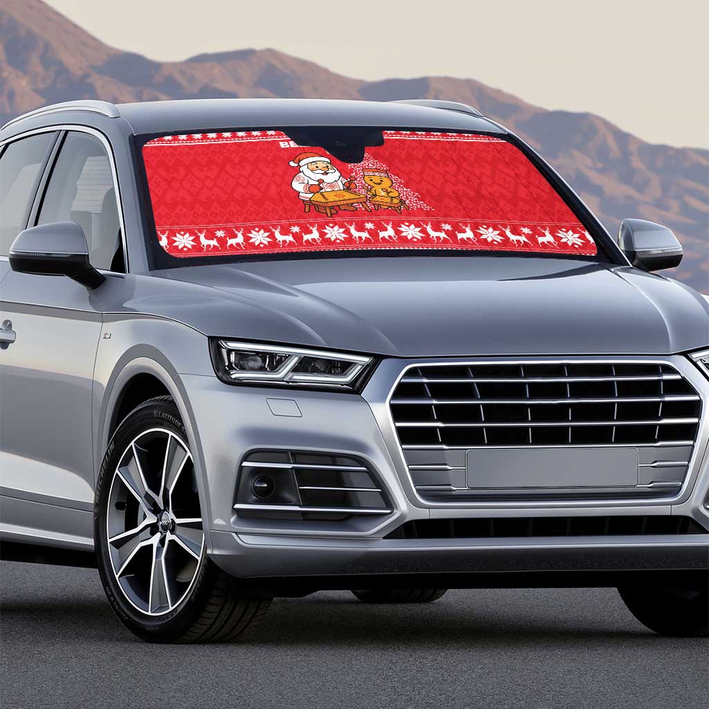 Belarus Christmas Auto Sun Shade with Santa Gingerbread Playing Chess National Emblem and Nordic Pattern Design - Wonder Print Shop