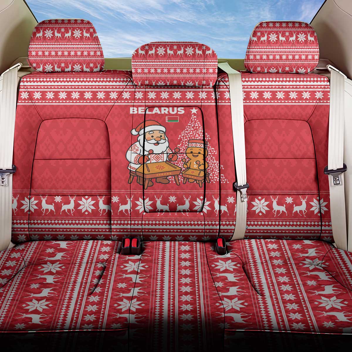 Belarus Christmas Back Car Seat Cover with Santa Gingerbread Playing Chess National Emblem and Nordic Pattern Design - Wonder Print Shop