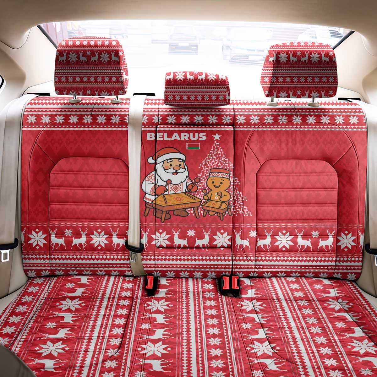 Belarus Christmas Back Car Seat Cover with Santa Gingerbread Playing Chess National Emblem and Nordic Pattern Design - Wonder Print Shop