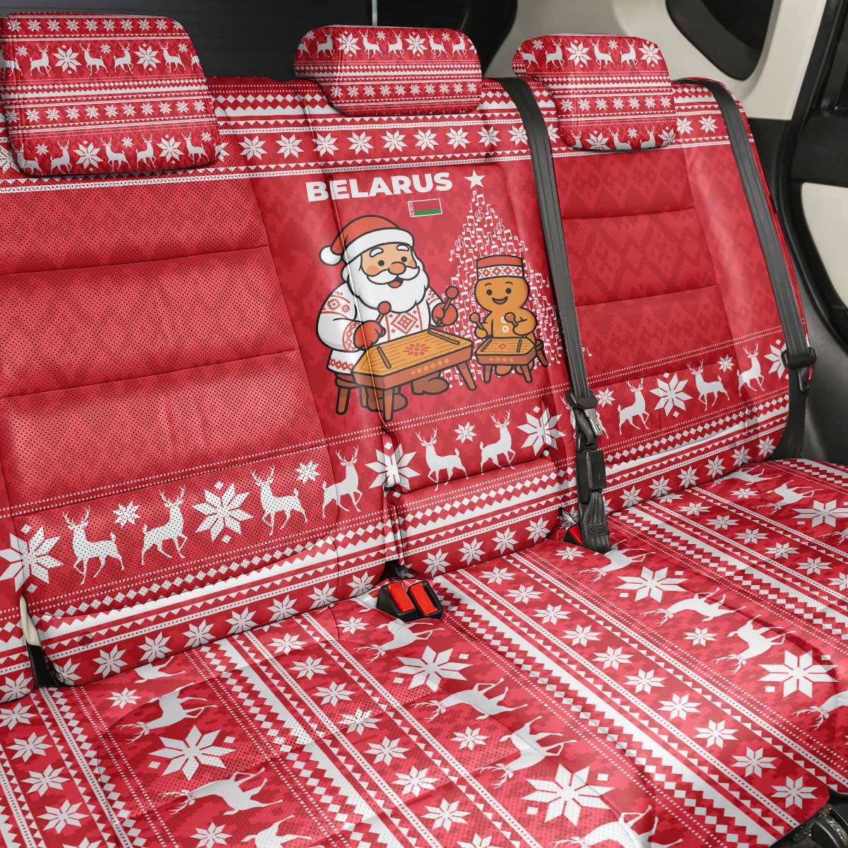 Belarus Christmas Back Car Seat Cover with Santa Gingerbread Playing Chess National Emblem and Nordic Pattern Design - Wonder Print Shop