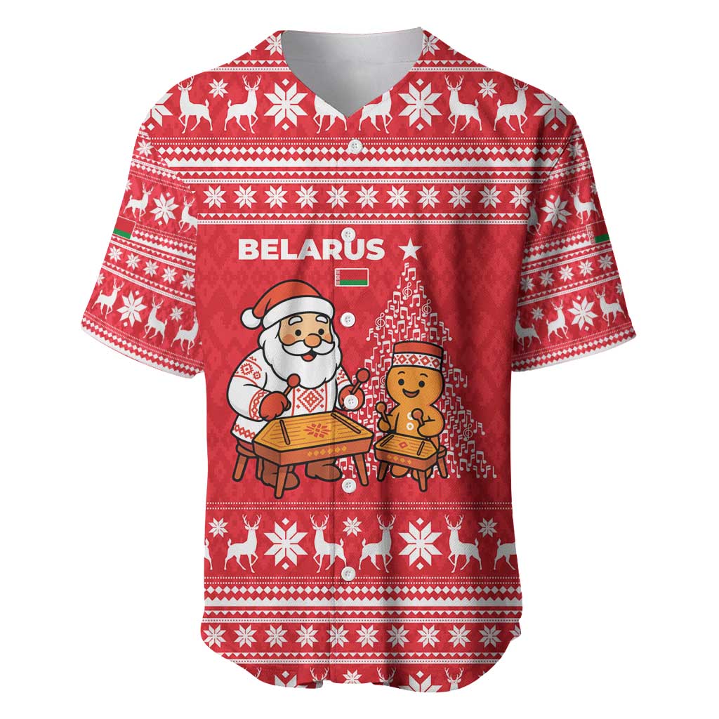 Belarus Christmas Baseball Jersey with Santa Gingerbread Playing Chess National Emblem and Nordic Pattern Design - Wonder Print Shop