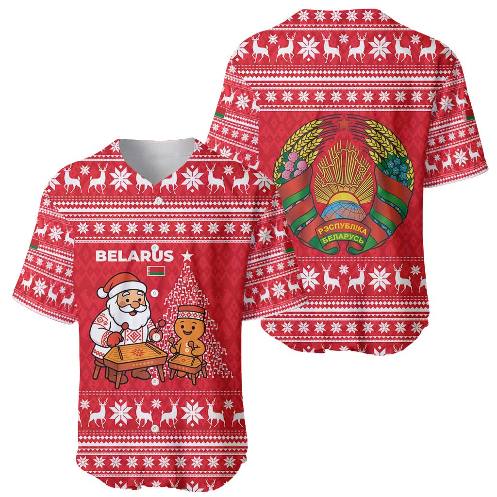 Belarus Christmas Baseball Jersey with Santa Gingerbread Playing Chess National Emblem and Nordic Pattern Design - Wonder Print Shop