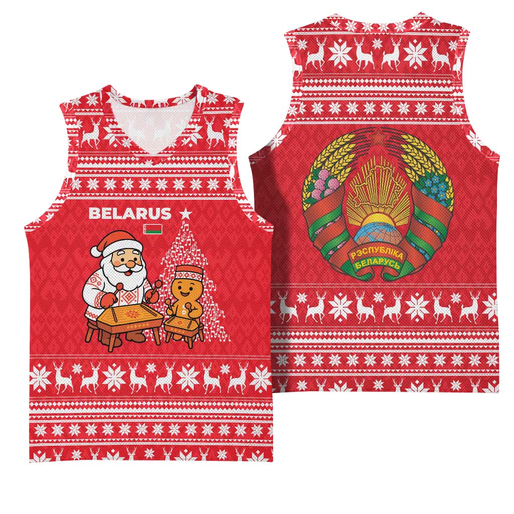 Belarus Christmas Basketball Jersey with Santa Gingerbread Playing Chess National Emblem and Nordic Pattern Design - Wonder Print Shop