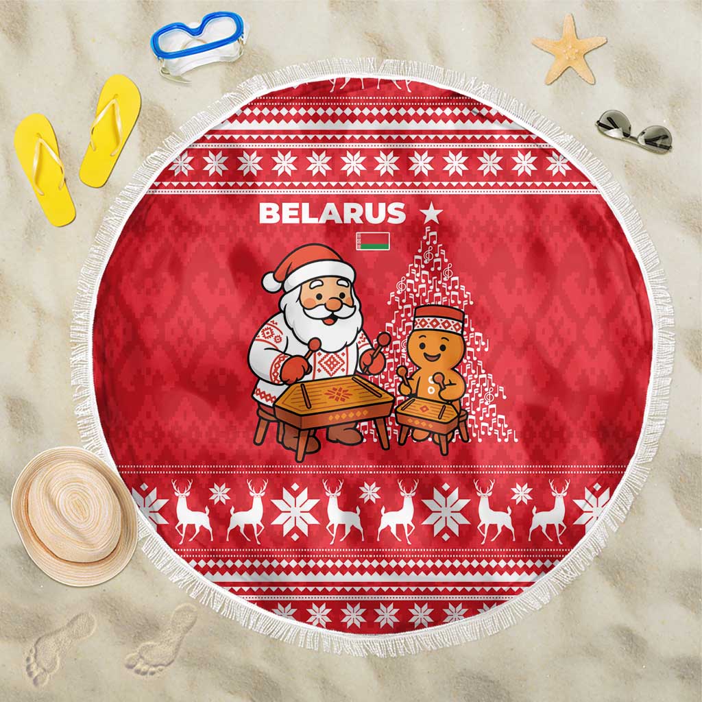 Belarus Christmas Beach Blanket with Santa Gingerbread Playing Chess National Emblem and Nordic Pattern Design - Wonder Print Shop