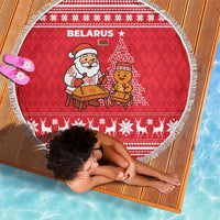 Belarus Christmas Beach Blanket with Santa Gingerbread Playing Chess National Emblem and Nordic Pattern Design - Wonder Print Shop