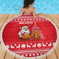 Belarus Christmas Beach Blanket with Santa Gingerbread Playing Chess National Emblem and Nordic Pattern Design - Wonder Print Shop