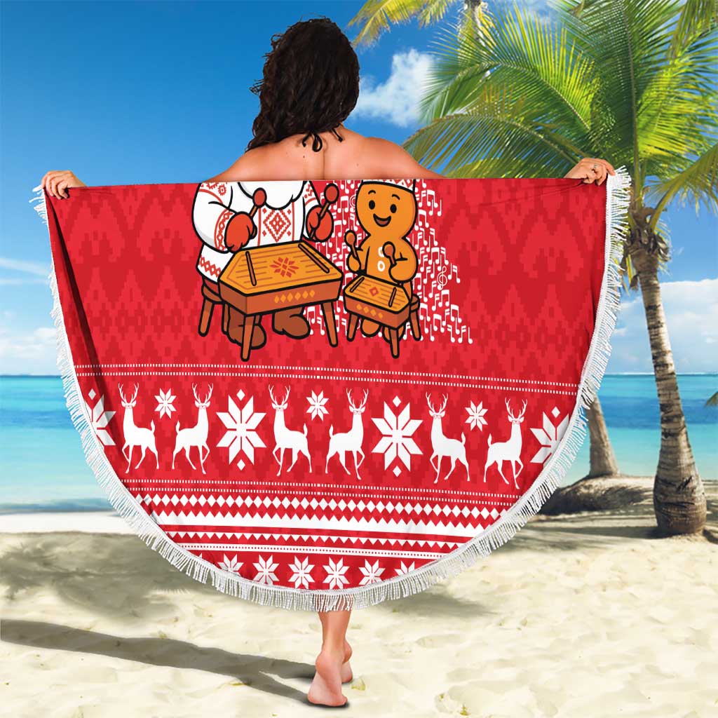 Belarus Christmas Beach Blanket with Santa Gingerbread Playing Chess National Emblem and Nordic Pattern Design - Wonder Print Shop