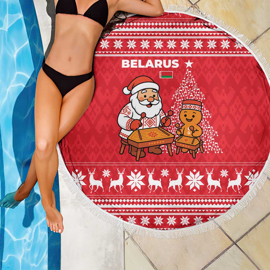 Belarus Christmas Beach Blanket with Santa Gingerbread Playing Chess National Emblem and Nordic Pattern Design - Wonder Print Shop