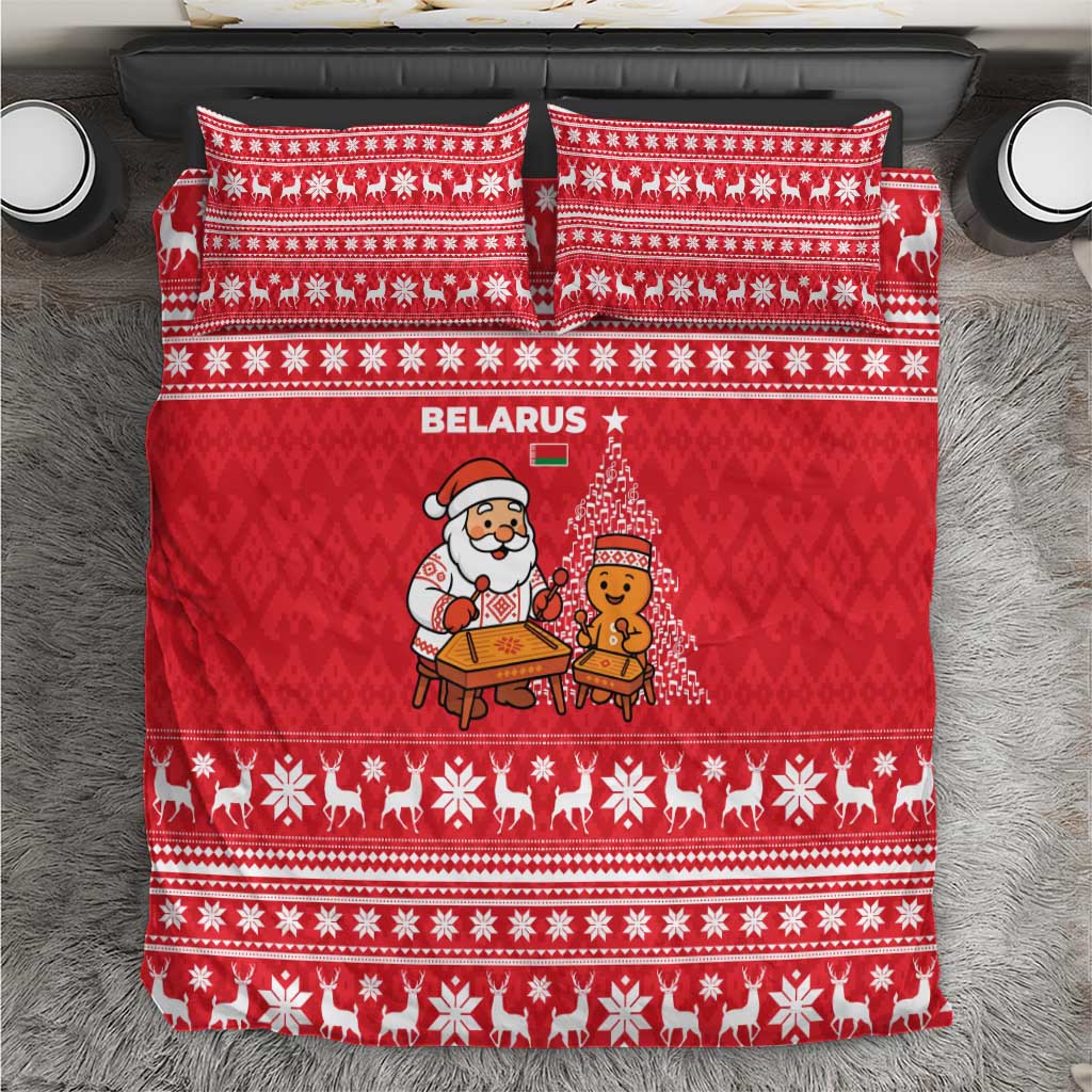 Belarus Christmas Bedding Set with Santa Gingerbread Playing Chess National Emblem and Nordic Pattern Design - Wonder Print Shop