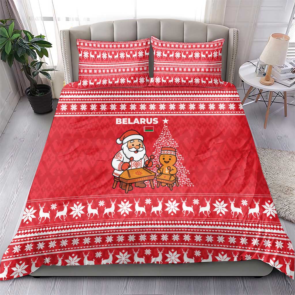 Belarus Christmas Bedding Set with Santa Gingerbread Playing Chess National Emblem and Nordic Pattern Design - Wonder Print Shop