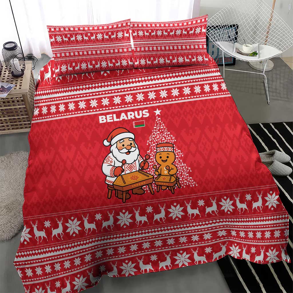 Belarus Christmas Bedding Set with Santa Gingerbread Playing Chess National Emblem and Nordic Pattern Design - Wonder Print Shop