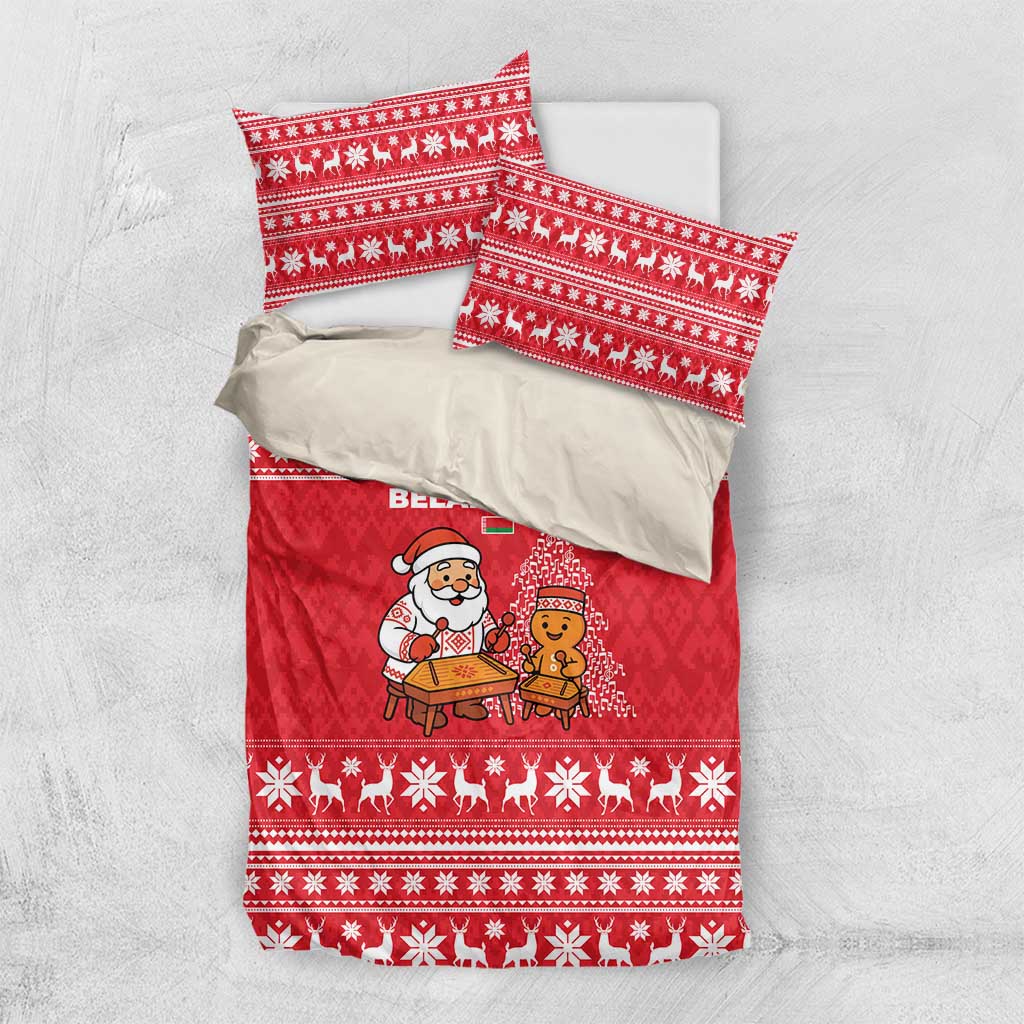 Belarus Christmas Bedding Set with Santa Gingerbread Playing Chess National Emblem and Nordic Pattern Design - Wonder Print Shop