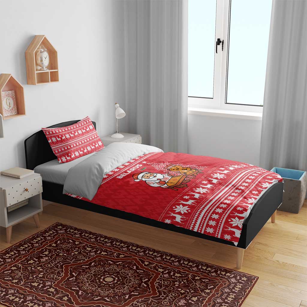 Belarus Christmas Bedding Set with Santa Gingerbread Playing Chess National Emblem and Nordic Pattern Design - Wonder Print Shop