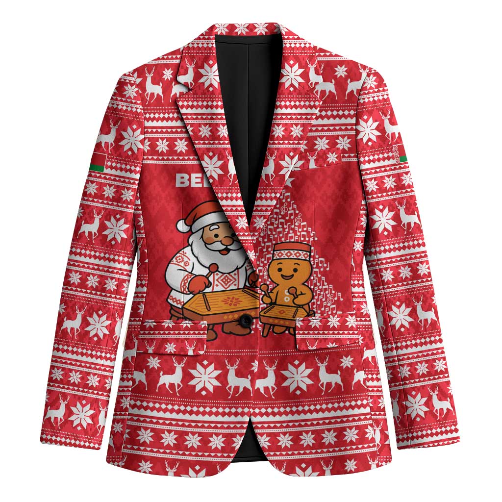 Belarus Christmas Blazer with Santa Gingerbread Playing Chess National Emblem and Nordic Pattern Design - Wonder Print Shop