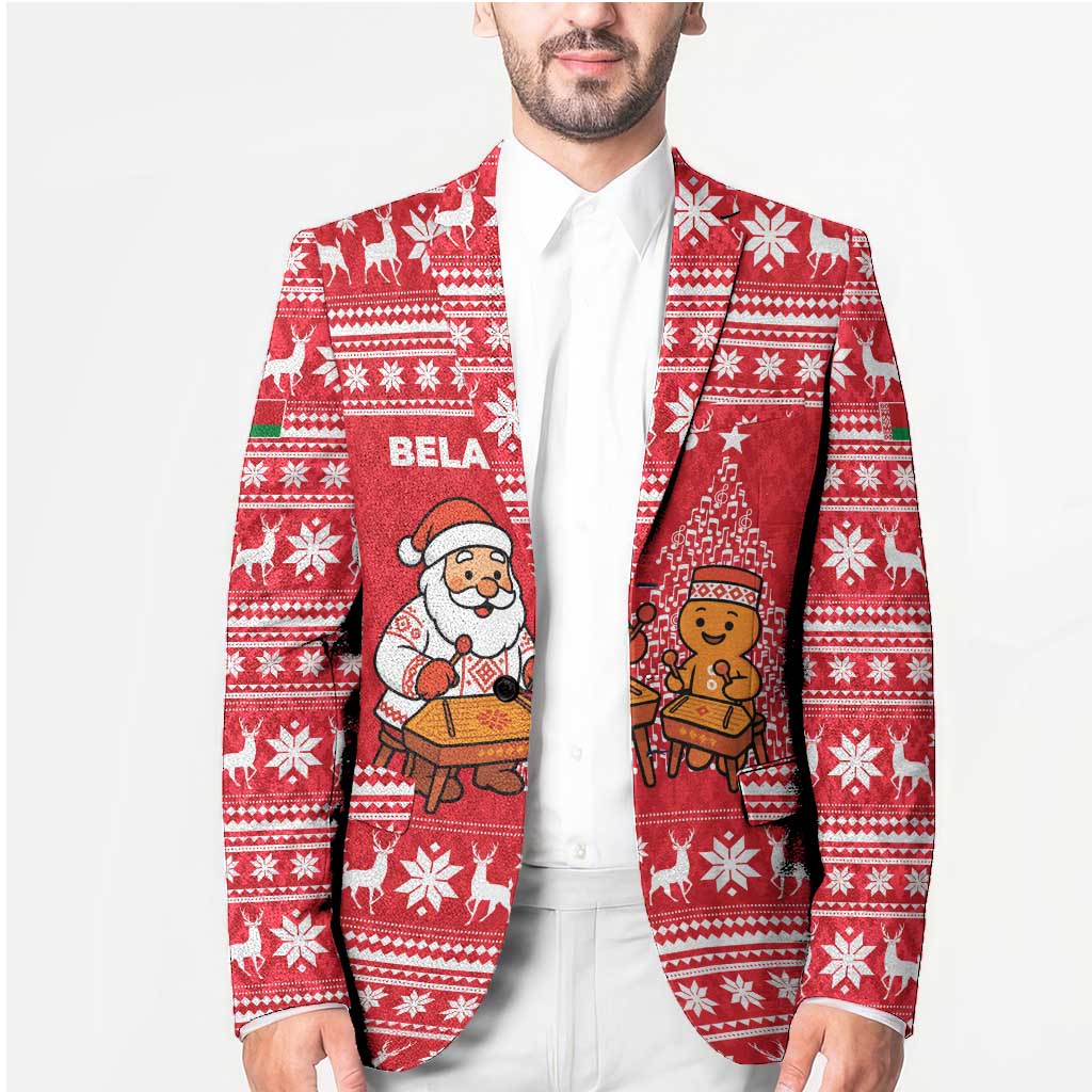 Belarus Christmas Blazer with Santa Gingerbread Playing Chess National Emblem and Nordic Pattern Design - Wonder Print Shop