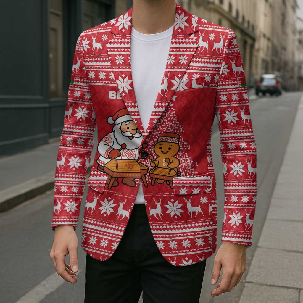 Belarus Christmas Blazer with Santa Gingerbread Playing Chess National Emblem and Nordic Pattern Design - Wonder Print Shop