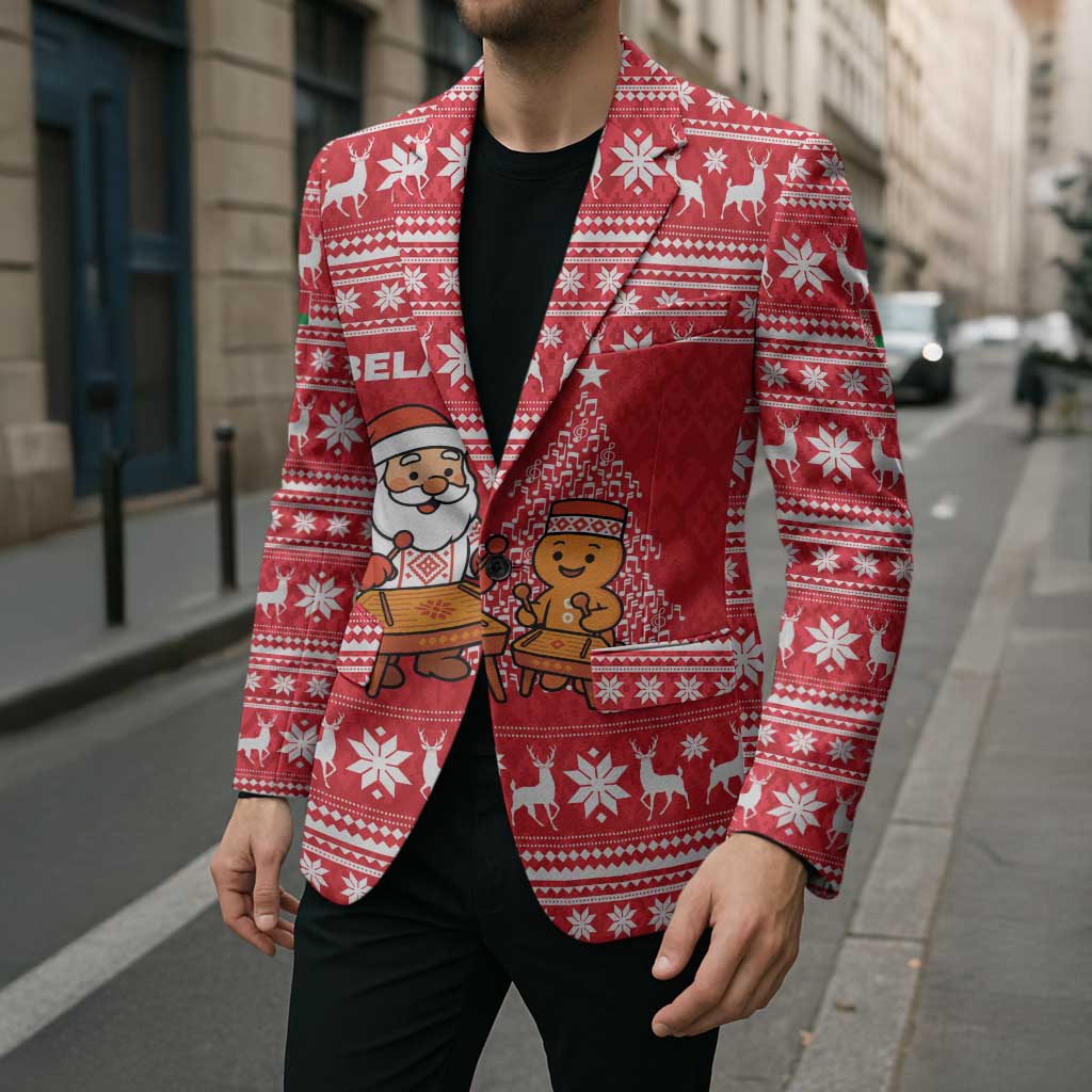 Belarus Christmas Blazer with Santa Gingerbread Playing Chess National Emblem and Nordic Pattern Design - Wonder Print Shop