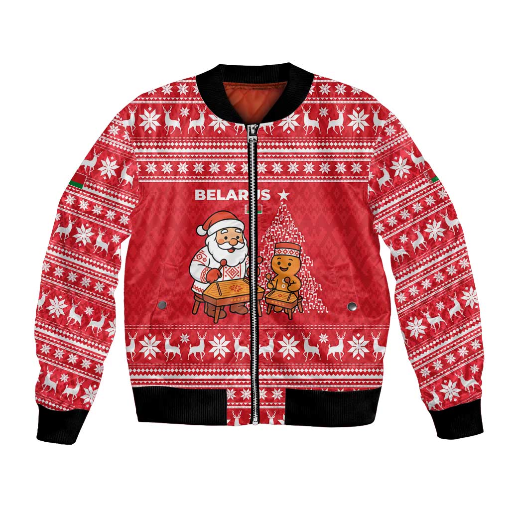Belarus Christmas Bomber Jacket with Santa Gingerbread Playing Chess National Emblem and Nordic Pattern Design - Wonder Print Shop
