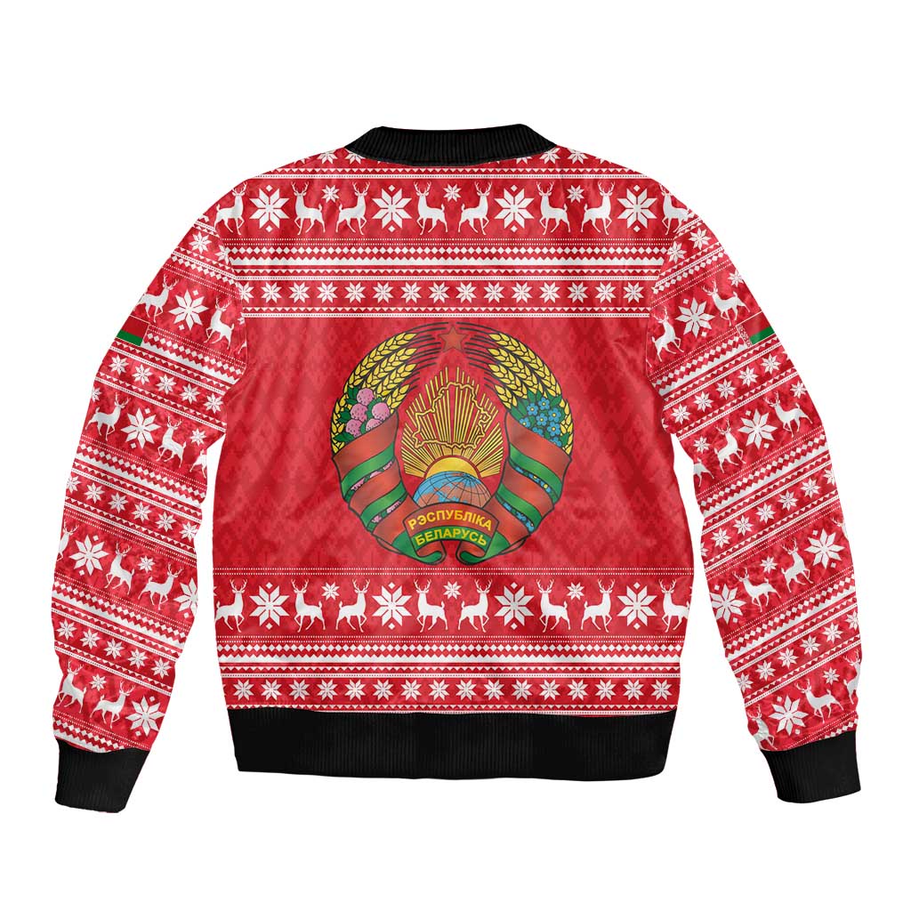 Belarus Christmas Bomber Jacket with Santa Gingerbread Playing Chess National Emblem and Nordic Pattern Design - Wonder Print Shop