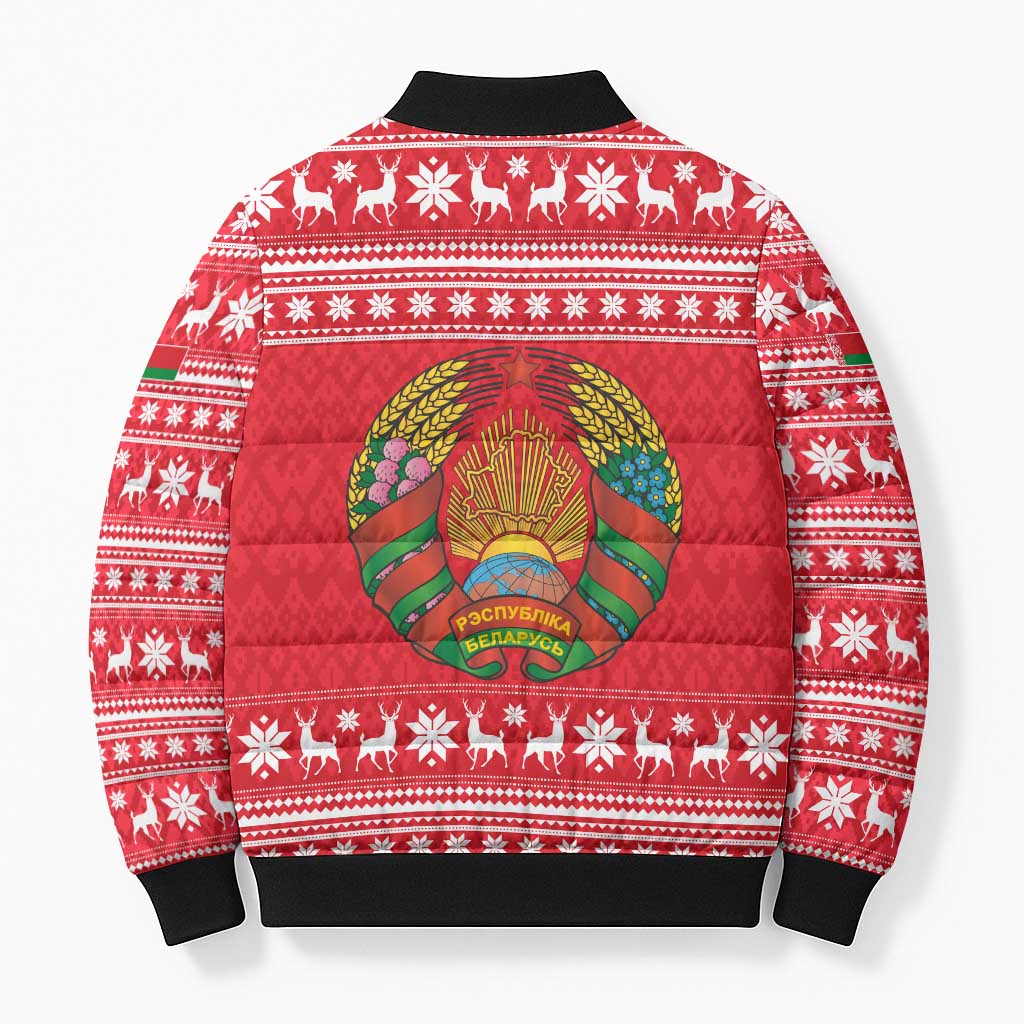 Belarus Christmas Bomber Puffer Jacket with Santa Gingerbread Playing Chess National Emblem and Nordic Pattern Design - Wonder Print Shop