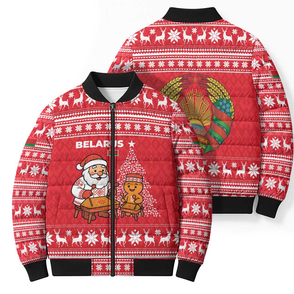 Belarus Christmas Bomber Puffer Jacket with Santa Gingerbread Playing Chess National Emblem and Nordic Pattern Design - Wonder Print Shop