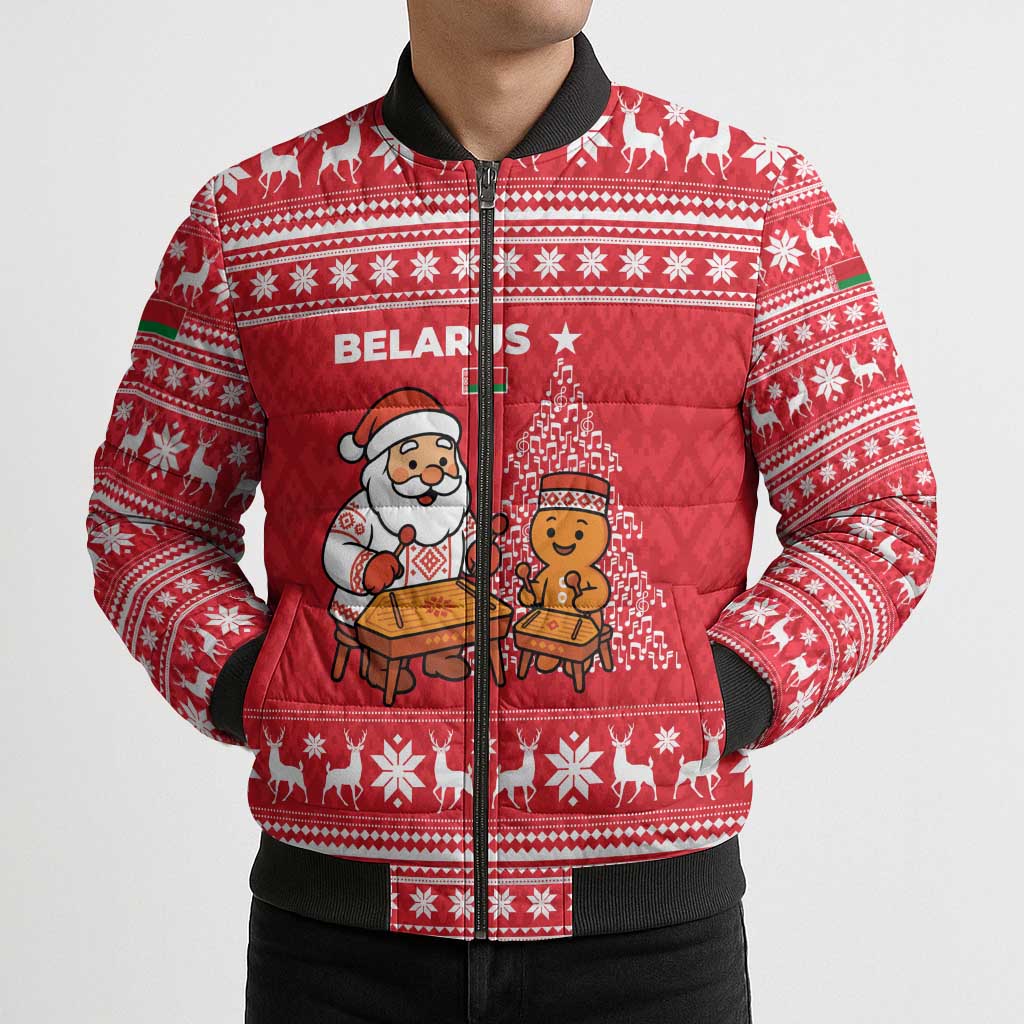 Belarus Christmas Bomber Puffer Jacket with Santa Gingerbread Playing Chess National Emblem and Nordic Pattern Design - Wonder Print Shop
