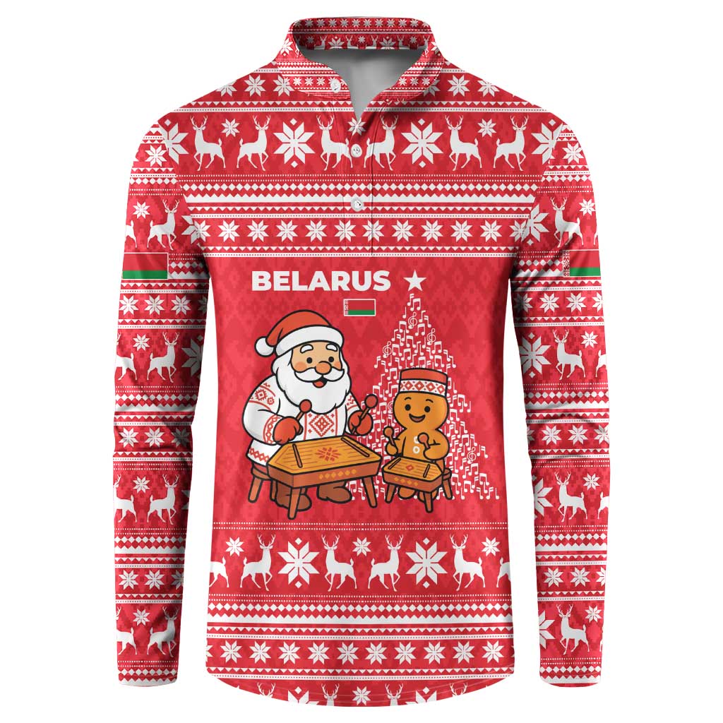 Belarus Christmas Button Sweatshirt with Santa Gingerbread Playing Chess National Emblem and Nordic Pattern Design - Wonder Print Shop