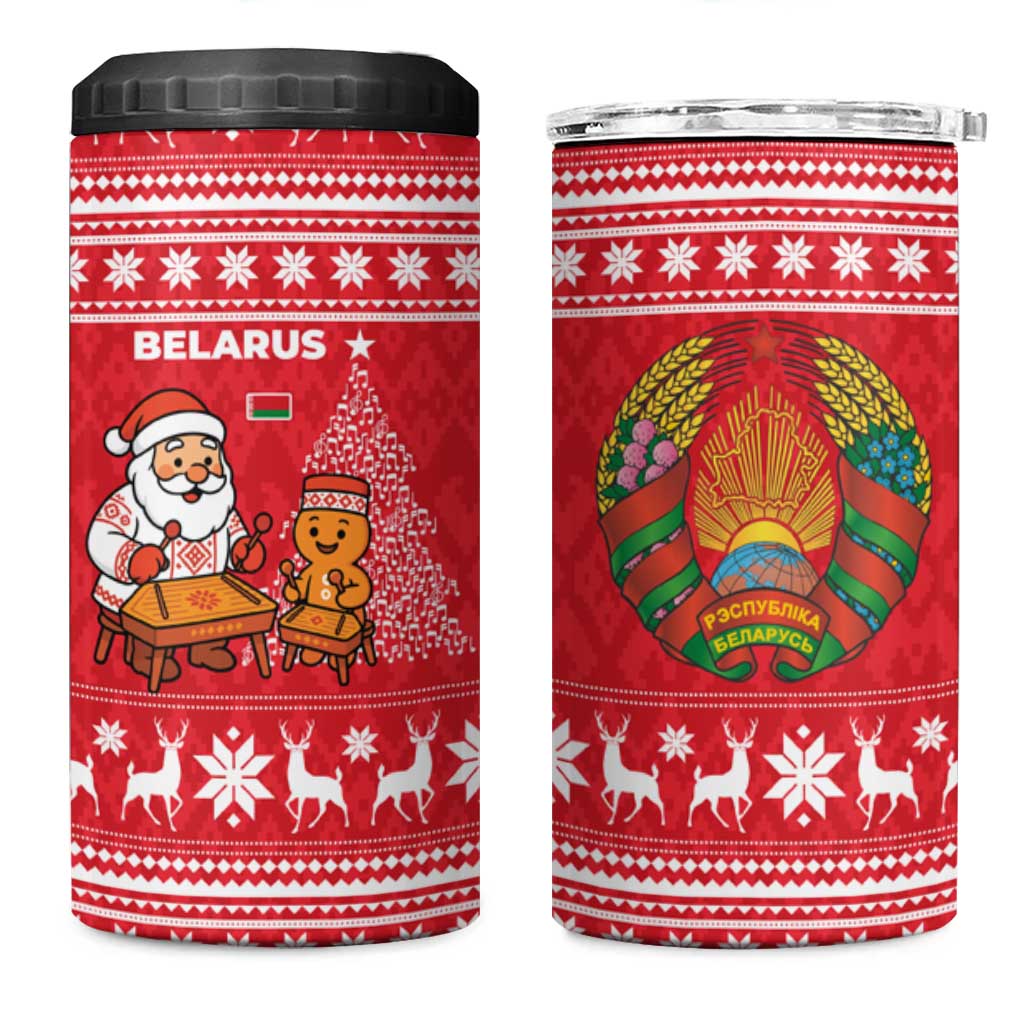Belarus Christmas 4 in 1 Can Cooler Tumbler with Santa Gingerbread Playing Chess National Emblem and Nordic Pattern Design - Wonder Print Shop