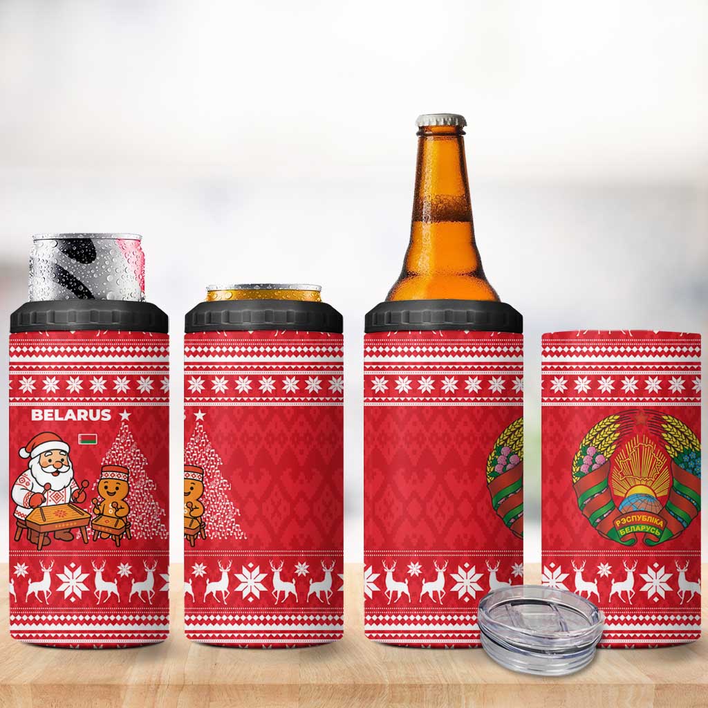 Belarus Christmas 4 in 1 Can Cooler Tumbler with Santa Gingerbread Playing Chess National Emblem and Nordic Pattern Design - Wonder Print Shop