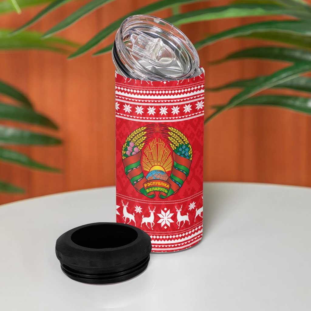 Belarus Christmas 4 in 1 Can Cooler Tumbler with Santa Gingerbread Playing Chess National Emblem and Nordic Pattern Design - Wonder Print Shop