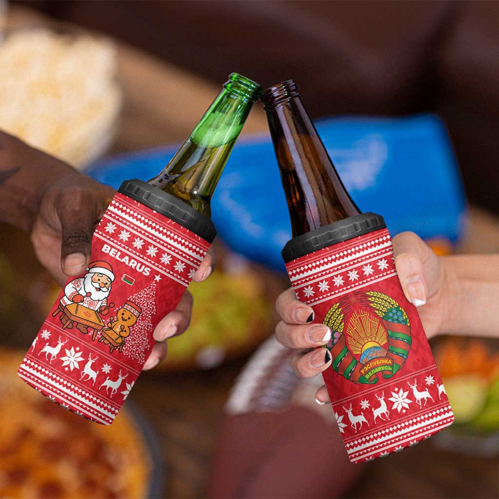 Belarus Christmas 4 in 1 Can Cooler Tumbler with Santa Gingerbread Playing Chess National Emblem and Nordic Pattern Design - Wonder Print Shop