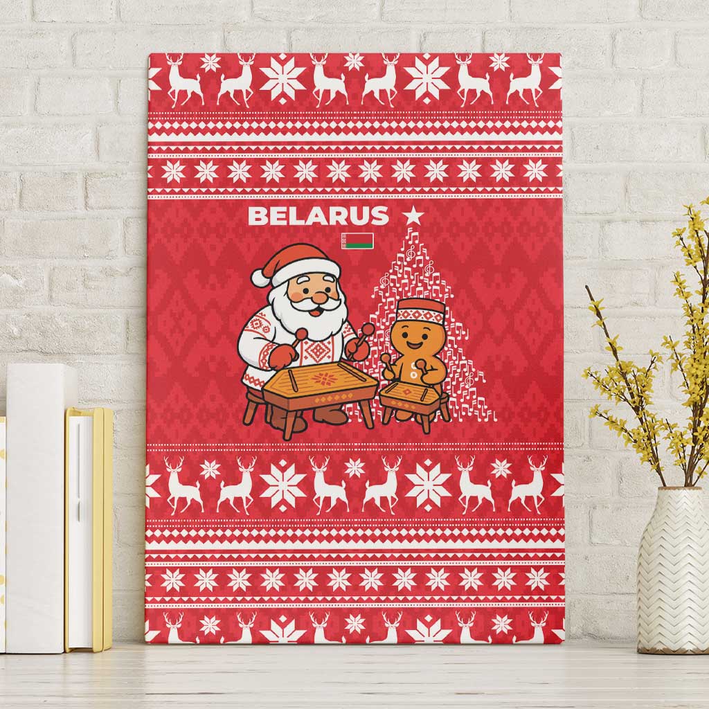 Belarus Christmas Canvas Wall Art with Santa Gingerbread Playing Chess National Emblem and Nordic Pattern Design - Wonder Print Shop